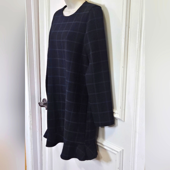 ZARA Trafaluc Collection Navy Blue Plaid Long Sleeve Ruffle Hem Dress, Large - Picture 4 of 15